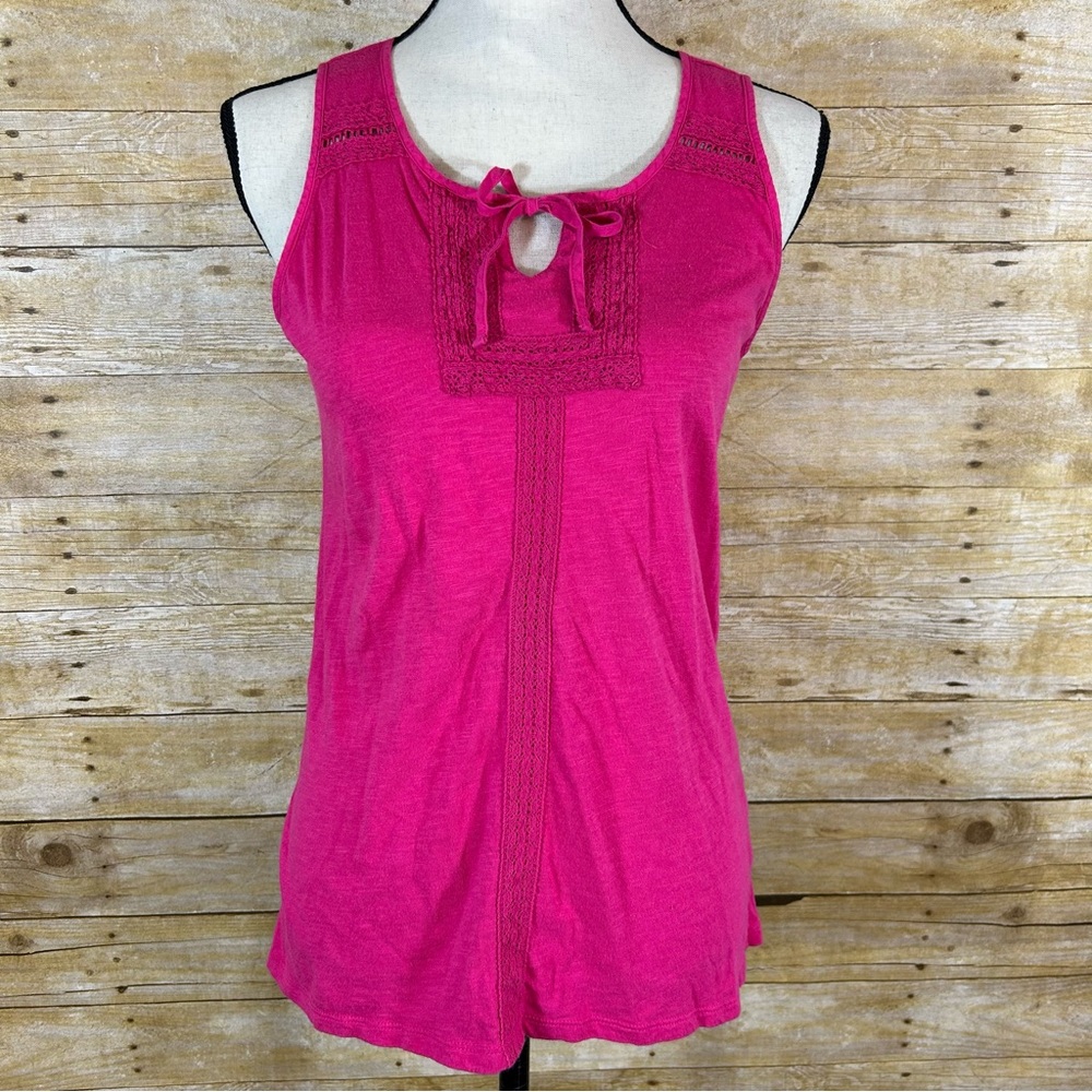 Sonoma Hot Pink Tie Neck Sleeveless Tank Top Size Small Crochet Lace Trim